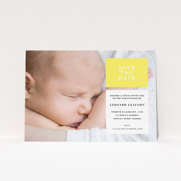 A baptism invitation template titled "Two Frames". It is an A5 invite card in a landscape orientation. It is a photographic baptism invitation with room for 1 photo. "Two Frames" is available as a flat invite card, with tones of yellow and white.