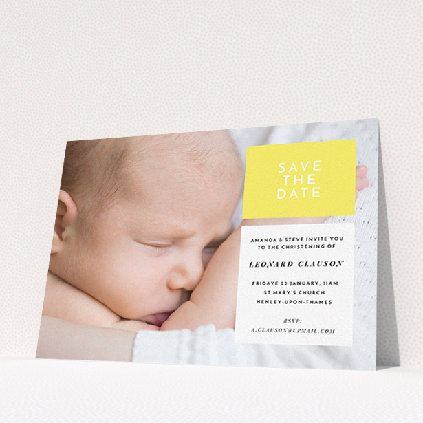 A baptism invitation template titled "Two Frames". It is an A5 invite card in a landscape orientation. It is a photographic baptism invitation with room for 1 photo. "Two Frames" is available as a flat invite card, with tones of yellow and white.