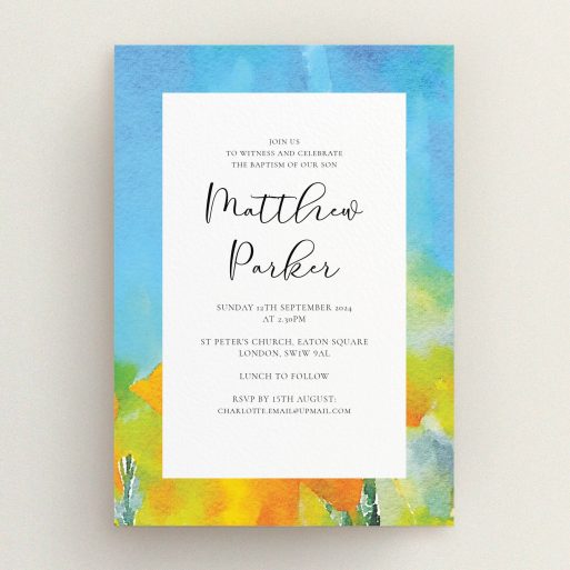 Baptism Invitation Design - "Up-close and Sunny" A baptism invitation named "Up-close and Sunny". It is an A5 invite card in a portrait orientation. "Up-close and Sunny" is available as a flat invite card, with tones of blue, yellow and orange.