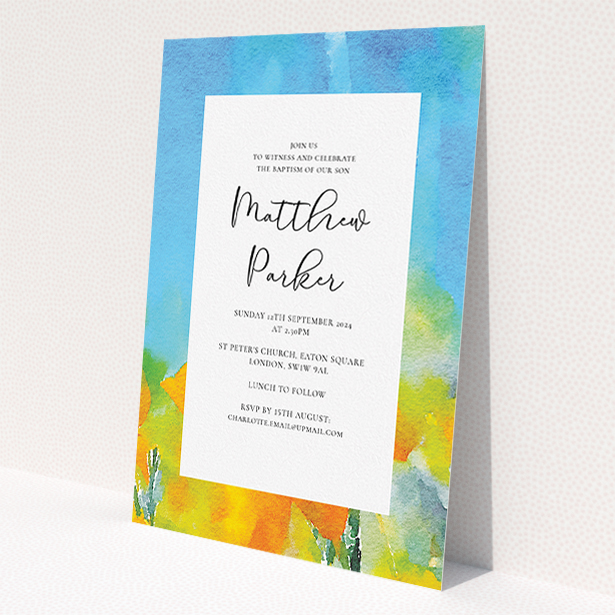 A baptism invitation named 'Up-close and Sunny'. It is an A5 invite card in a portrait orientation. 'Up-close and Sunny' is available as a flat invite card, with tones of blue, yellow and orange.