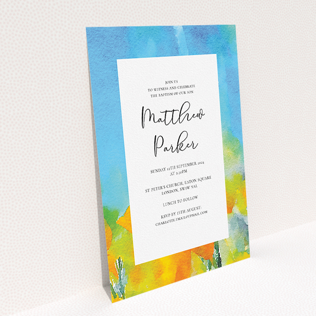 A baptism invitation named "Up-close and Sunny". It is an A5 invite card in a portrait orientation. "Up-close and Sunny" is available as a flat invite card, with tones of blue, yellow and orange.