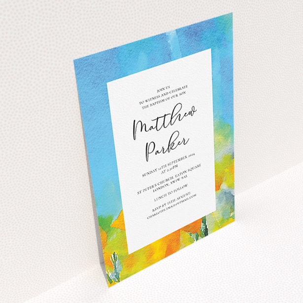 A baptism invitation named "Up-close and Sunny". It is an A5 invite card in a portrait orientation. "Up-close and Sunny" is available as a flat invite card, with tones of blue, yellow and orange.