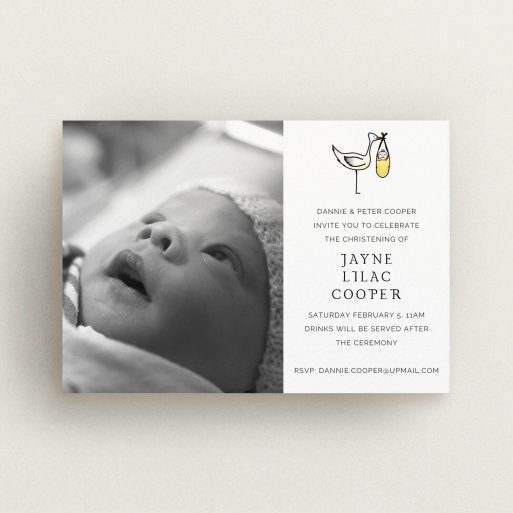 Baptism Invitation Design - "Watercolour Stork" A baptism invitation called "Watercolour Stork". It is an A6 invite card in a landscape orientation. It is a photographic baptism invitation with room for 1 photo. "Watercolour Stork" is available as a flat invite card, with tones of white and yellow.