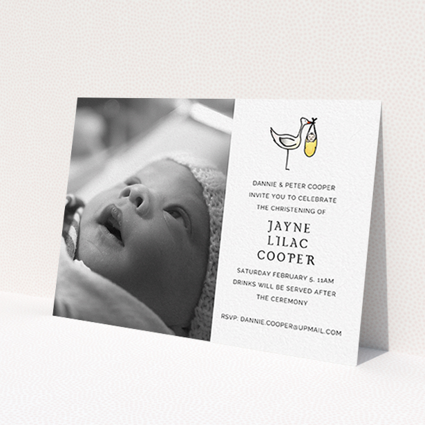 A baptism invitation called 'Watercolour Stork'. It is an A6 invite card in a landscape orientation. It is a photographic baptism invitation with room for 1 photo. 'Watercolour Stork' is available as a flat invite card, with tones of white and yellow.