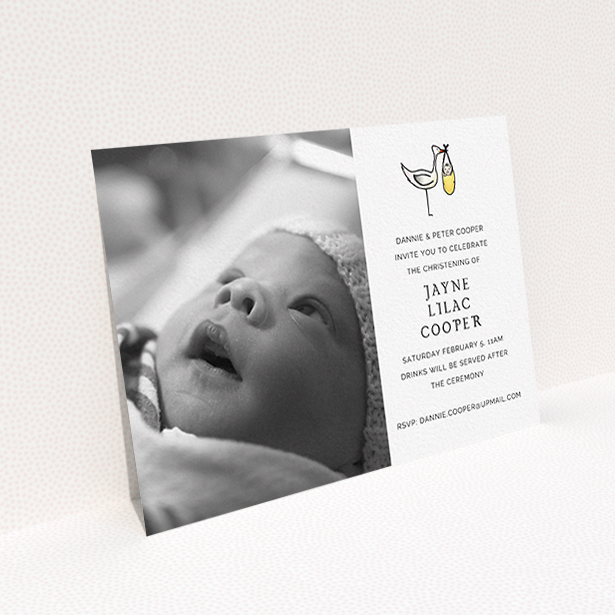 A baptism invitation called "Watercolour Stork". It is an A6 invite card in a landscape orientation. It is a photographic baptism invitation with room for 1 photo. "Watercolour Stork" is available as a flat invite card, with tones of white and yellow.
