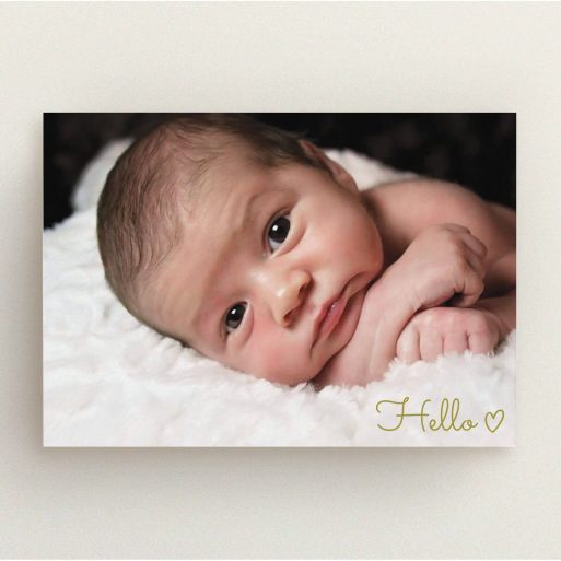 Baptism Invitation Design - "We say hello" A baptism invitation design called "We say hello". It is an A5 invite card in a landscape orientation. It is a photographic baptism invitation with room for 1 photo. "We say hello" is available as a flat invite card, with mainly gold colouring.