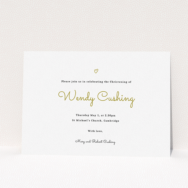 A baptism invitation design called "We say hello". It is an A5 invite card in a landscape orientation. It is a photographic baptism invitation with room for 1 photo. "We say hello" is available as a flat invite card, with mainly gold colouring.