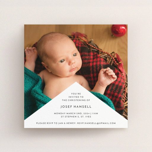 Baptism Invitation Design - "Wedge Frame" A baptism invitation design named "Wedge Frame". It is a square (148mm x 148mm) invite card in a square orientation. It is a photographic baptism invitation with room for 1 photo. "Wedge Frame" is available as a flat invite card, with mainly white colouring.