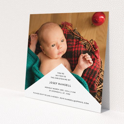 A baptism invitation design named 'Wedge Frame'. It is a square (148mm x 148mm) invite card in a square orientation. It is a photographic baptism invitation with room for 1 photo. 'Wedge Frame' is available as a flat invite card, with mainly white colouring.