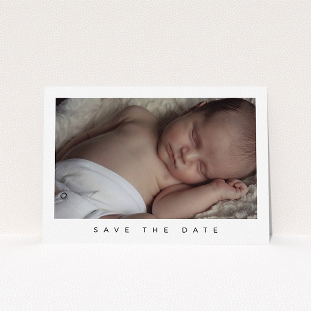 A baptism invitation template titled "Welcome to the World". It is an A5 invite card in a landscape orientation. It is a photographic baptism invitation with room for 1 photo. "Welcome to the World" is available as a flat invite card, with mainly white colouring.