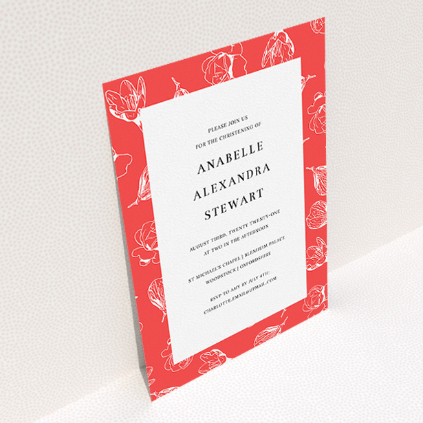 A baptism invitation called "White Buds". It is an A5 invite card in a portrait orientation. "White Buds" is available as a flat invite card, with tones of red and white.