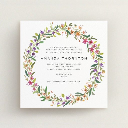 Baptism Invitation Design - "Wild Spring Wreath" A baptism invitation design titled "Wild Spring Wreath". It is a square (148mm x 148mm) invite card in a square orientation. "Wild Spring Wreath" is available as a flat invite card, with tones of light green and orange.