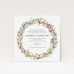 A baptism invitation design titled "Wild Spring Wreath". It is a square (148mm x 148mm) invite card in a square orientation. "Wild Spring Wreath" is available as a flat invite card, with tones of light green and orange.