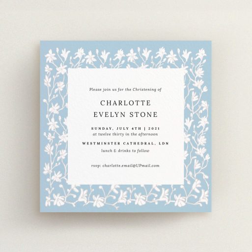 Baptism Invitation Design - "Winter Garden" A baptism invitation template titled "Winter Garden". It is a square (148mm x 148mm) invite card in a square orientation. "Winter Garden" is available as a flat invite card, with tones of blue and white.