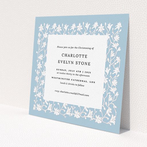 A baptism invitation template titled 'Winter Garden'. It is a square (148mm x 148mm) invite card in a square orientation. 'Winter Garden' is available as a flat invite card, with tones of blue and white.