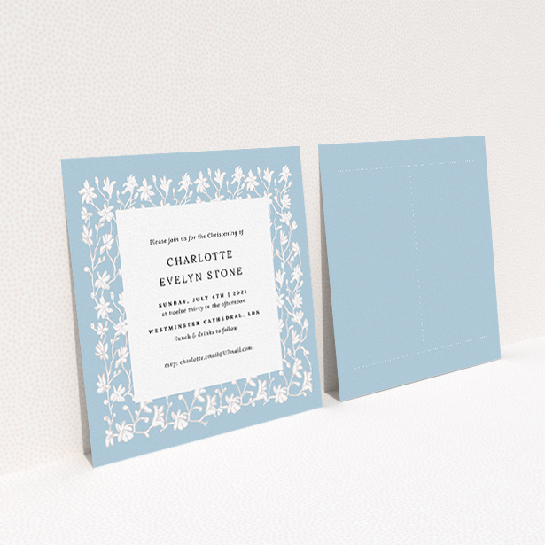 A baptism invitation template titled "Winter Garden". It is a square (148mm x 148mm) invite card in a square orientation. "Winter Garden" is available as a flat invite card, with tones of blue and white.