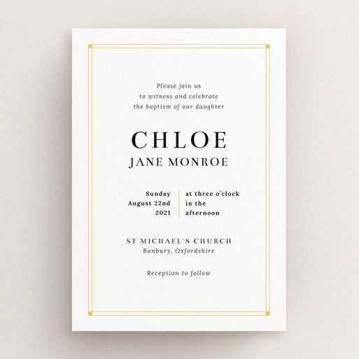 Baptism Invitation Design - "Yellow Square Border" A baptism invitation design named "Yellow Square Border". It is an A5 invite card in a portrait orientation. "Yellow Square Border" is available as a flat invite card, with tones of yellow and white.