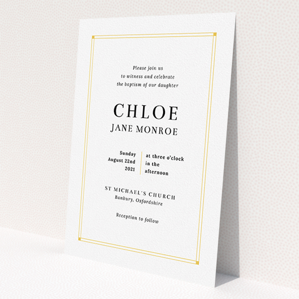 A baptism invitation design named 'Yellow Square Border'. It is an A5 invite card in a portrait orientation. 'Yellow Square Border' is available as a flat invite card, with tones of yellow and white.