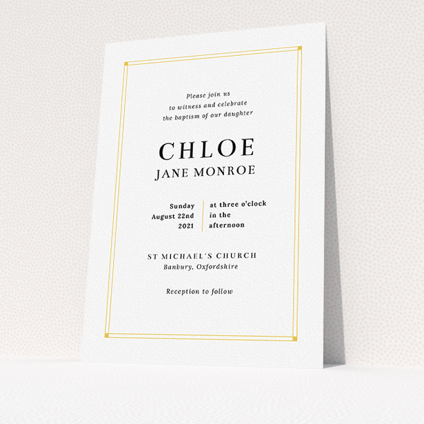 A baptism invitation design named "Yellow Square Border". It is an A5 invite card in a portrait orientation. "Yellow Square Border" is available as a flat invite card, with tones of yellow and white.