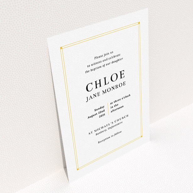 A baptism invitation design named "Yellow Square Border". It is an A5 invite card in a portrait orientation. "Yellow Square Border" is available as a flat invite card, with tones of yellow and white.