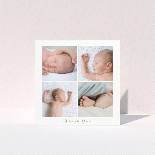 A baptism thank you card design titled "4 Fine Frames". It is a square (148mm x 148mm) card in a square orientation. It is a photographic baptism thank you card with room for 3 photos. "4 Fine Frames" is available as a folded card, with tones of black and white.