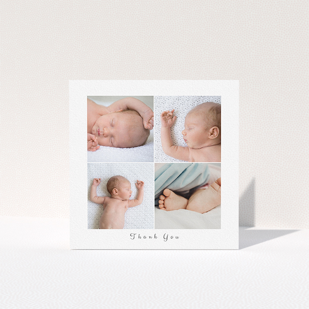 A baby thank you card design named "4 Fine Frames". It is a square (148mm x 148mm) card in a square orientation. It is a photographic baby thank you card with room for 4 photos. "4 Fine Frames" is available as a folded card, with mainly white colouring.