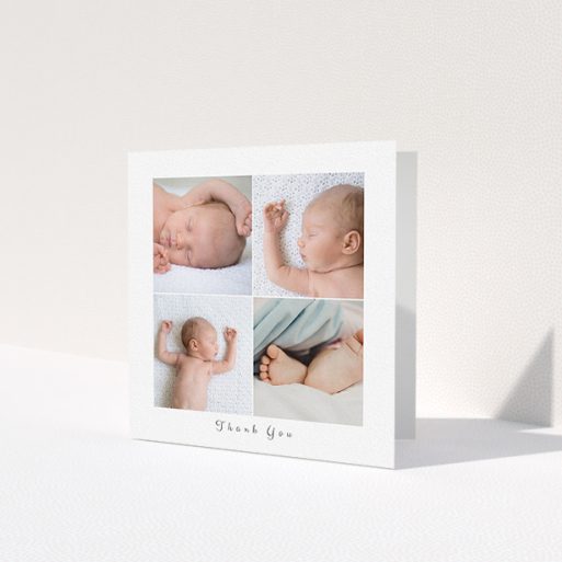 A baptism thank you card design titled '4 Fine Frames'. It is a square (148mm x 148mm) card in a square orientation. It is a photographic baptism thank you card with room for 3 photos. '4 Fine Frames' is available as a folded card, with tones of black and white.