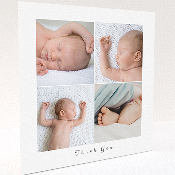 A baby thank you card design named "4 Fine Frames". It is a square (148mm x 148mm) card in a square orientation. It is a photographic baby thank you card with room for 4 photos. "4 Fine Frames" is available as a folded card, with mainly white colouring.