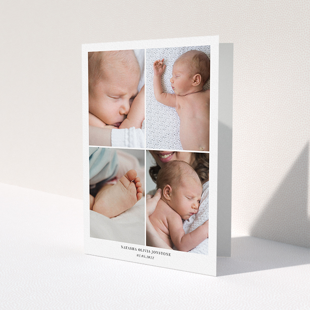 A baptism thank you card design titled "4 Photo Frame". It is an A5 card in a portrait orientation. It is a photographic baptism thank you card with room for 4 photos. "4 Photo Frame" is available as a folded card, with mainly white colouring.
