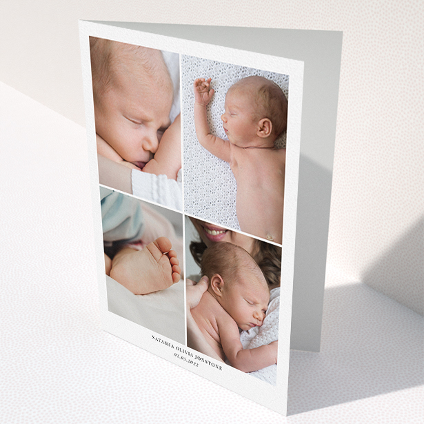 A baptism thank you card design titled "4 Photo Frame". It is an A5 card in a portrait orientation. It is a photographic baptism thank you card with room for 4 photos. "4 Photo Frame" is available as a folded card, with mainly white colouring.