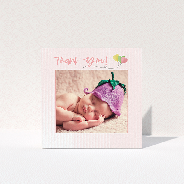 A baptism thank you card template titled "Balloooons". It is a square (148mm x 148mm) card in a square orientation. It is a photographic baptism thank you card with room for 1 photo. "Balloooons" is available as a folded card, with tones of pink, green and yellow.