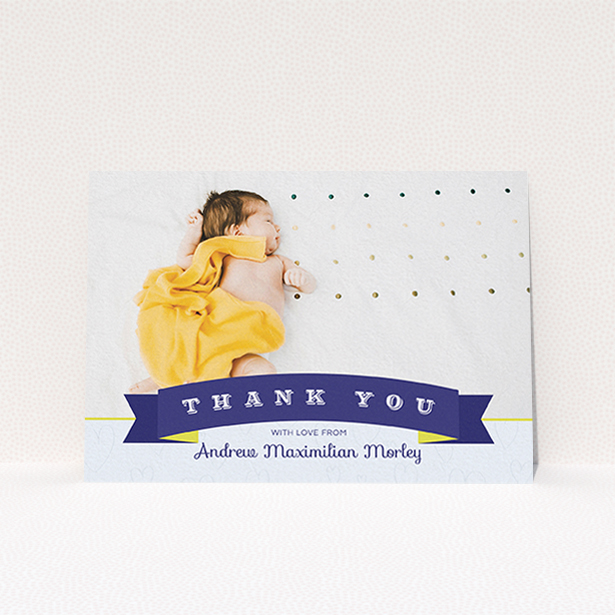 A baptism thank you card named "Big Banner". It is an A6 card in a landscape orientation. It is a photographic baptism thank you card with room for 1 photo. "Big Banner" is available as a flat card, with tones of blue, yellow and light blue.