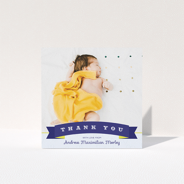 A baptism thank you card called "Big Banner". It is a square (148mm x 148mm) card in a square orientation. It is a photographic baptism thank you card with room for 1 photo. "Big Banner" is available as a folded card, with tones of blue, yellow and light blue.