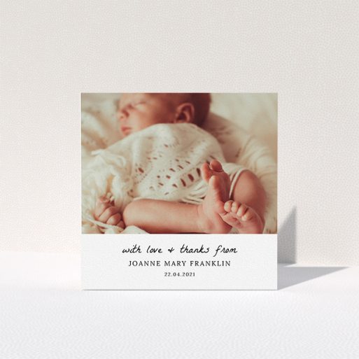 A baptism thank you card called "Black and White Thanks". It is a square (148mm x 148mm) card in a square orientation. It is a photographic baptism thank you card with room for 1 photo. "Black and White Thanks" is available as a folded card, with mainly white colouring.