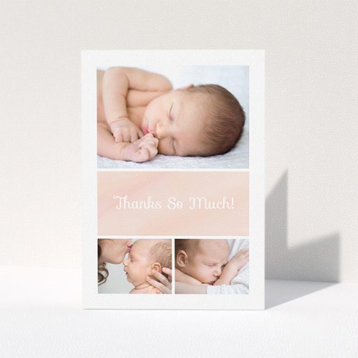 A baptism thank you card template titled "Block Tower". It is an A5 card in a portrait orientation. It is a photographic baptism thank you card with room for 3 photos. "Block Tower" is available as a folded card, with tones of pink and white.