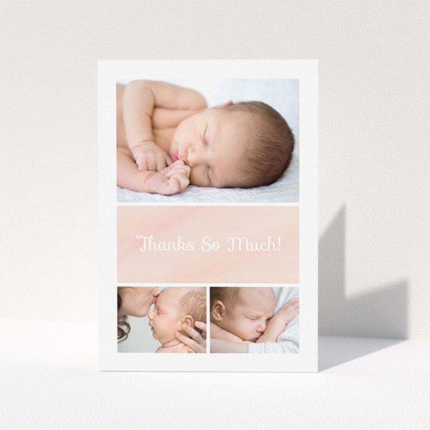 A baptism thank you card template titled "Block Tower". It is an A5 card in a portrait orientation. It is a photographic baptism thank you card with room for 3 photos. "Block Tower" is available as a folded card, with tones of pink and white.