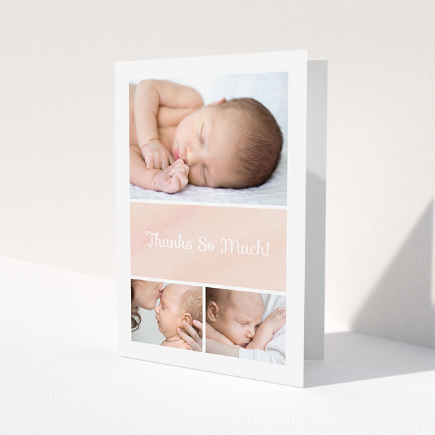A baptism thank you card template titled 'Block Tower'. It is an A5 card in a portrait orientation. It is a photographic baptism thank you card with room for 3 photos. 'Block Tower' is available as a folded card, with tones of pink and white.