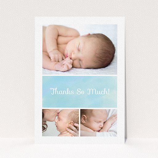 A baptism thank you card design named "Block Tower". It is an A6 card in a portrait orientation. It is a photographic baptism thank you card with room for 3 photos. "Block Tower" is available as a flat card, with tones of blue and white.