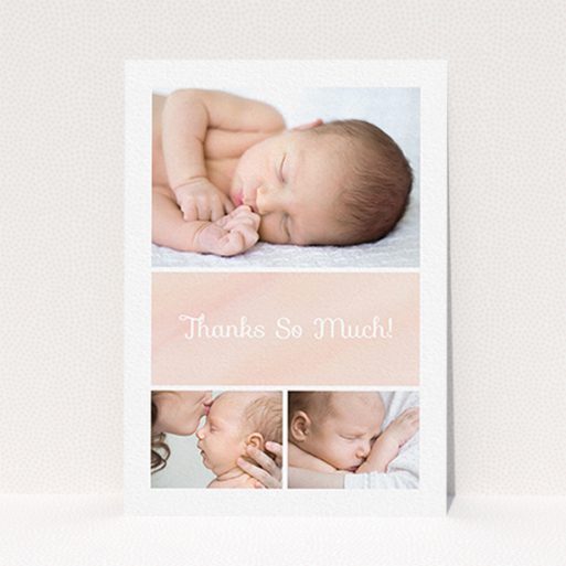 A baptism thank you card design called "Block Tower". It is an A6 card in a portrait orientation. It is a photographic baptism thank you card with room for 3 photos. "Block Tower" is available as a flat card, with tones of pink and white.
