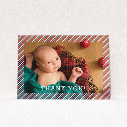 A baptism thank you card design called "Blue, Red and White Slant". It is an A5 card in a landscape orientation. It is a photographic baptism thank you card with room for 1 photo. "Blue, Red and White Slant" is available as a flat card, with mainly white colouring.