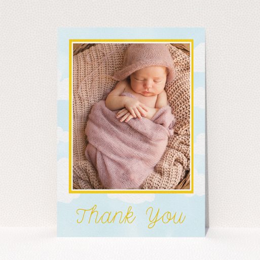 A baptism thank you card design named "Blue Skies". It is an A5 card in a portrait orientation. It is a photographic baptism thank you card with room for 1 photo. "Blue Skies" is available as a flat card, with tones of blue, yellow and white.