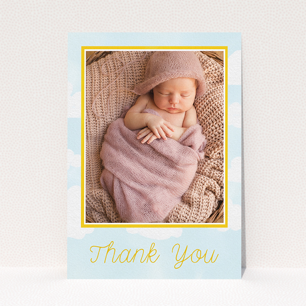 A baptism thank you card design named "Blue Skies". It is an A5 card in a portrait orientation. It is a photographic baptism thank you card with room for 1 photo. "Blue Skies" is available as a flat card, with tones of blue, yellow and white.