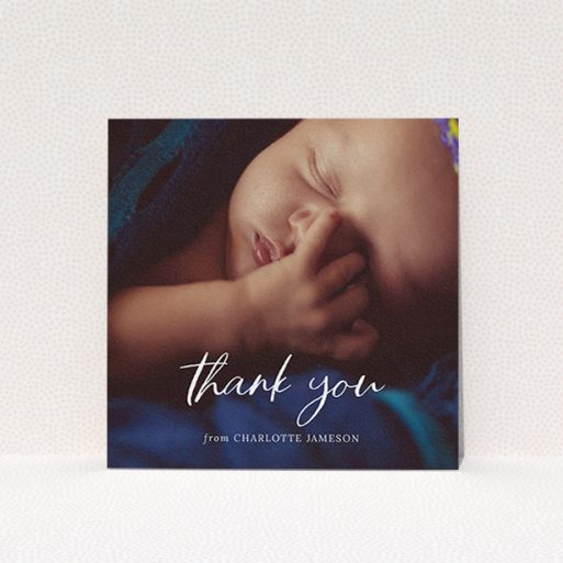 A baptism thank you card design called "Calligraphy Thanks". It is a square (148mm x 148mm) card in a square orientation. It is a photographic baptism thank you card with room for 1 photo. "Calligraphy Thanks" is available as a flat card, with mainly white colouring.
