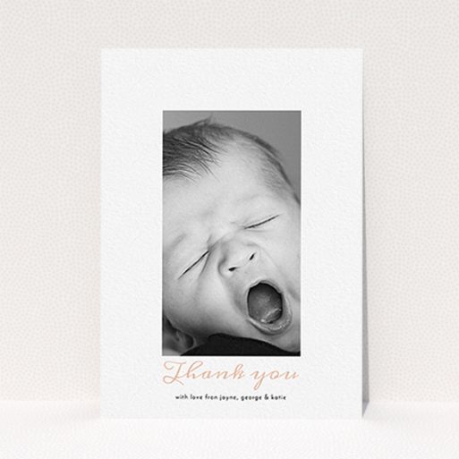 A baptism thank you card design called "Central Portrait". It is an A6 card in a portrait orientation. It is a photographic baptism thank you card with room for 1 photo. "Central Portrait" is available as a flat card, with tones of white and pink.