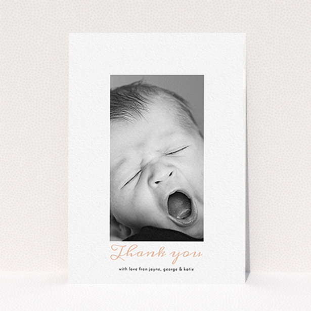 A baptism thank you card design called "Central Portrait". It is an A6 card in a portrait orientation. It is a photographic baptism thank you card with room for 1 photo. "Central Portrait" is available as a flat card, with tones of white and pink.