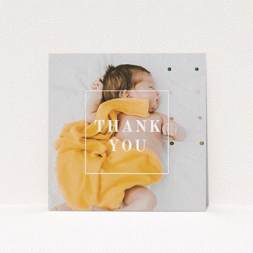 A baptism thank you card called "Central Thanks". It is a square (148mm x 148mm) card in a square orientation. It is a photographic baptism thank you card with room for 1 photo. "Central Thanks" is available as a flat card, with mainly white colouring.