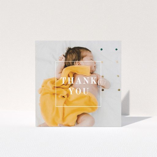 A baptism thank you card design titled "Central Thanks". It is a square (148mm x 148mm) card in a square orientation. It is a photographic baptism thank you card with room for 1 photo. "Central Thanks" is available as a folded card, with mainly white colouring.