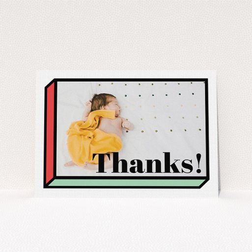 A baptism thank you card called "Chip Off The Old Block". It is an A5 card in a landscape orientation. It is a photographic baptism thank you card with room for 1 photo. "Chip Off The Old Block" is available as a flat card, with tones of green and red.
