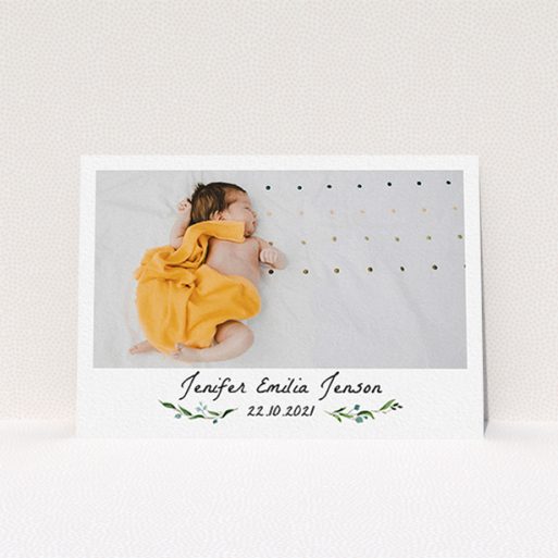 A baptism thank you card design named "Classic Floral". It is an A6 card in a landscape orientation. It is a photographic baptism thank you card with room for 1 photo. "Classic Floral" is available as a flat card, with mainly green colouring.
