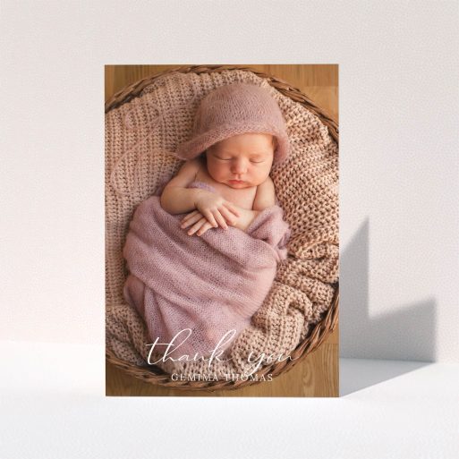 A baptism thank you card template titled "Classic Thank You". It is an A5 card in a portrait orientation. It is a photographic baptism thank you card with room for 1 photo. "Classic Thank You" is available as a folded card, with mainly white colouring.